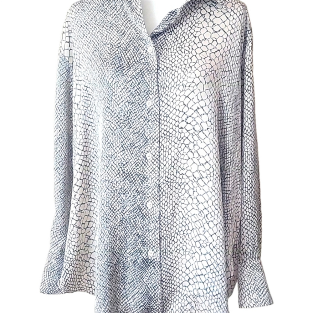 H&M Oversized  Funky Boho Collar Button Down Shirt Green Alligator  Boho XL